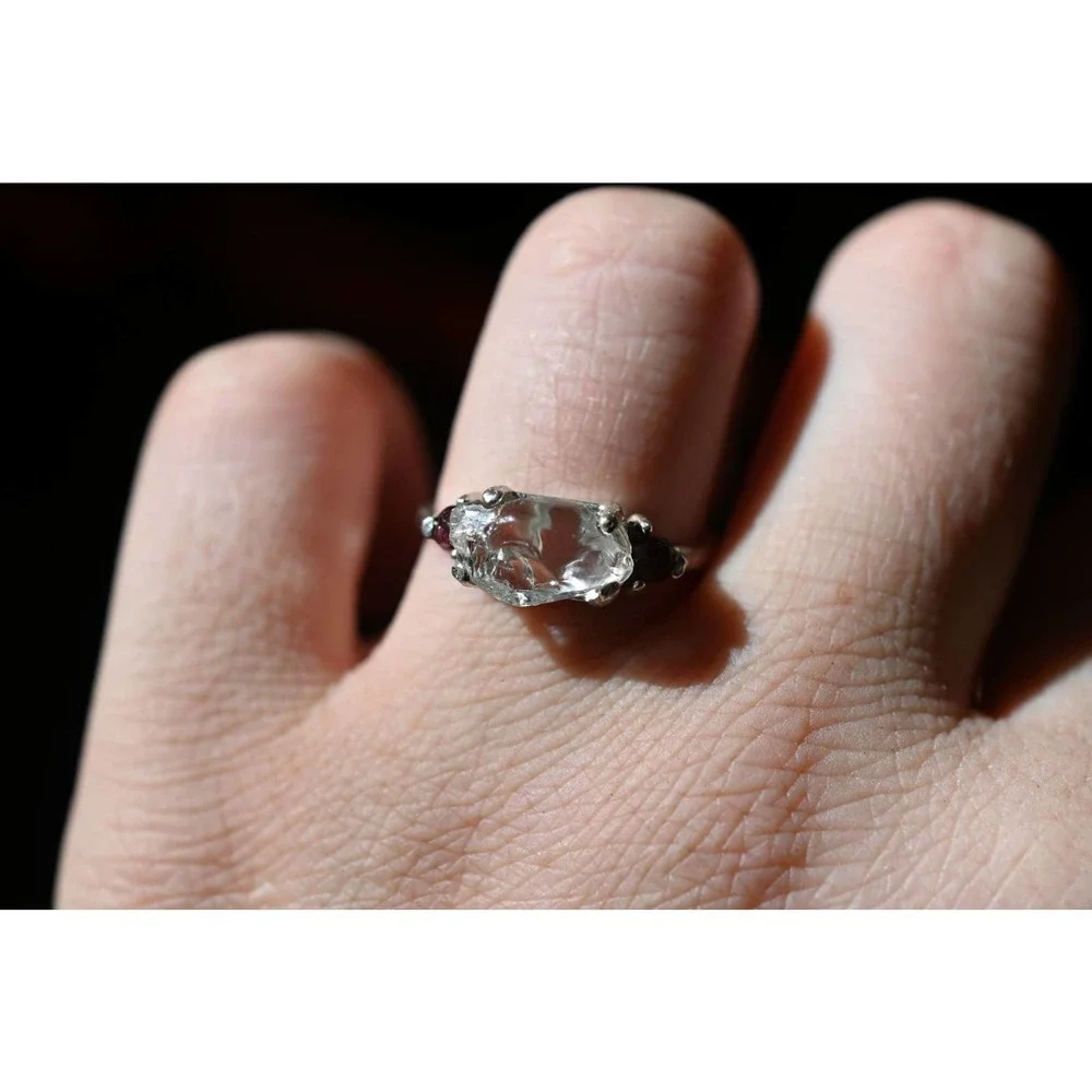 3 Stone Raw Diamond and Garnet Handmade Engagement Ring Rough Natural - Picture 8 of 8
